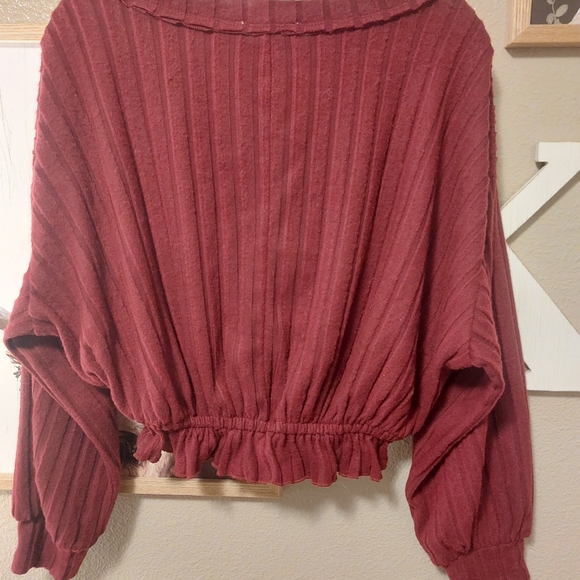 Peach Love Maroon Red striped cinched long sleeve sweater - Picture 2 of 2